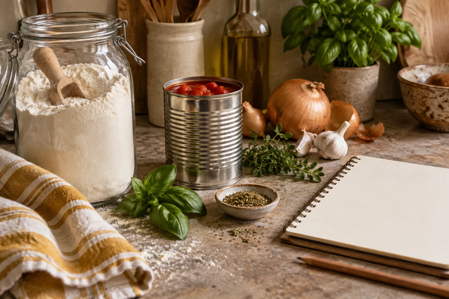 Flour, tomatoes, onions, herbs and a plain recipe notebook in a warm kitchen.