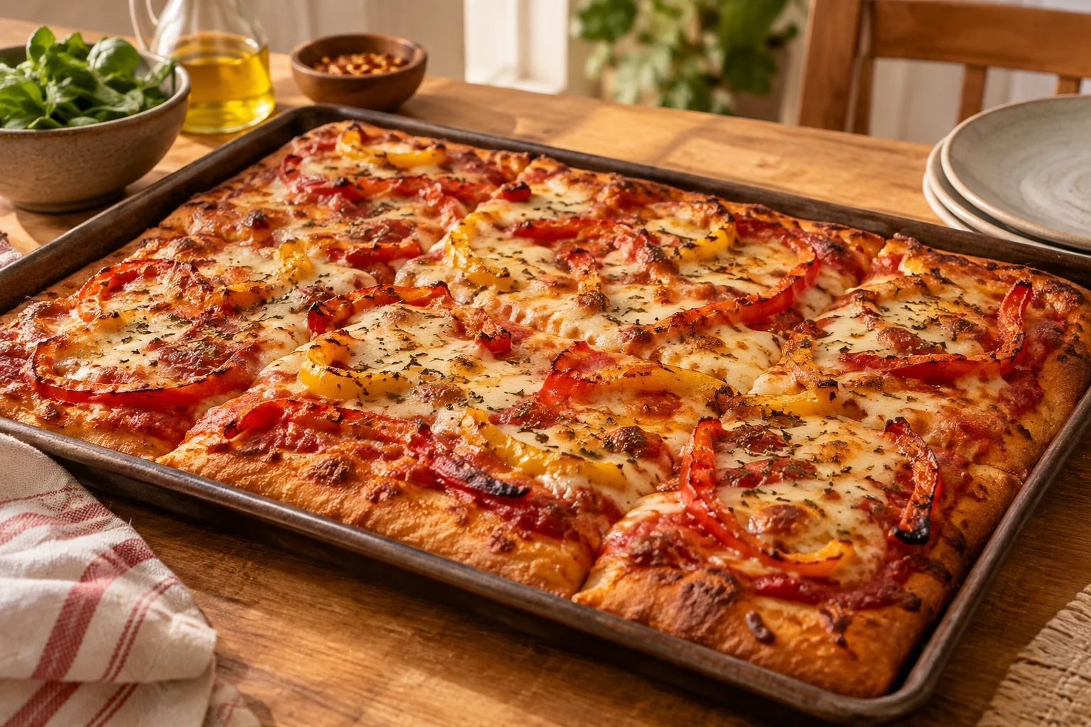 A home-style tray pizza with tomato, cheese and peppers on a kitchen table.